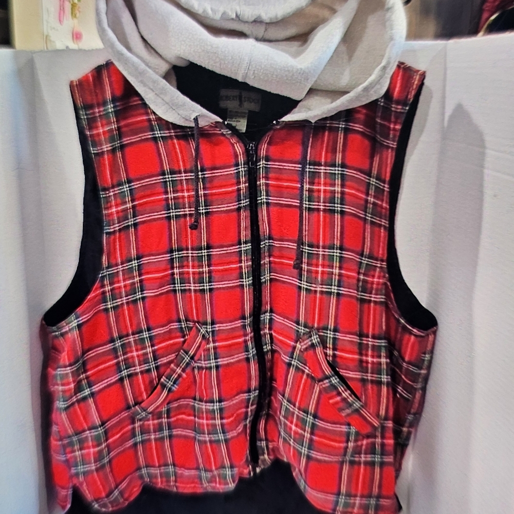Punk Grunge 90210 Plaid Vest Mens L Red Black Flannel 90's 90s Streetwear
